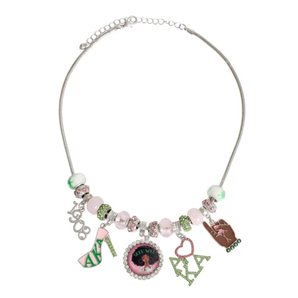 AKA Inspired Pink and Green Beaded Necklace